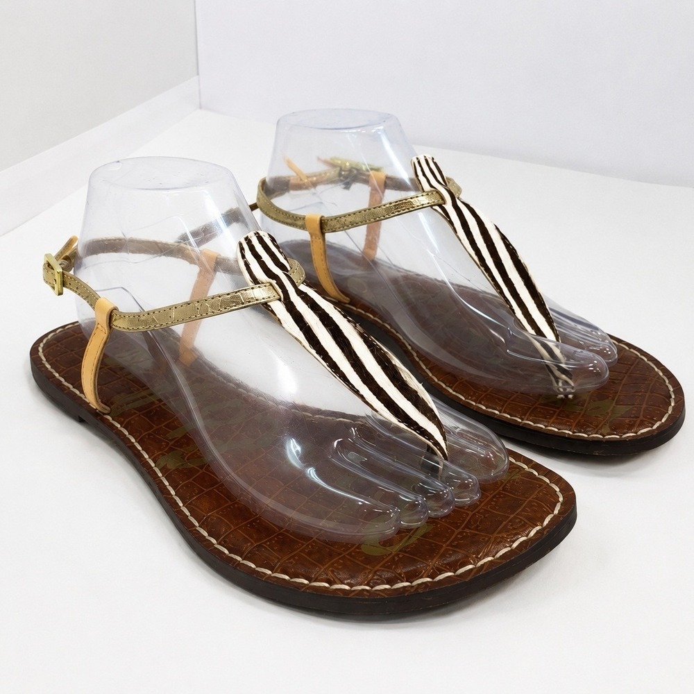 Sam Edelman Gigi Zebra Haircalf Thong Sandals Gold Leather Women's Size 9.5
